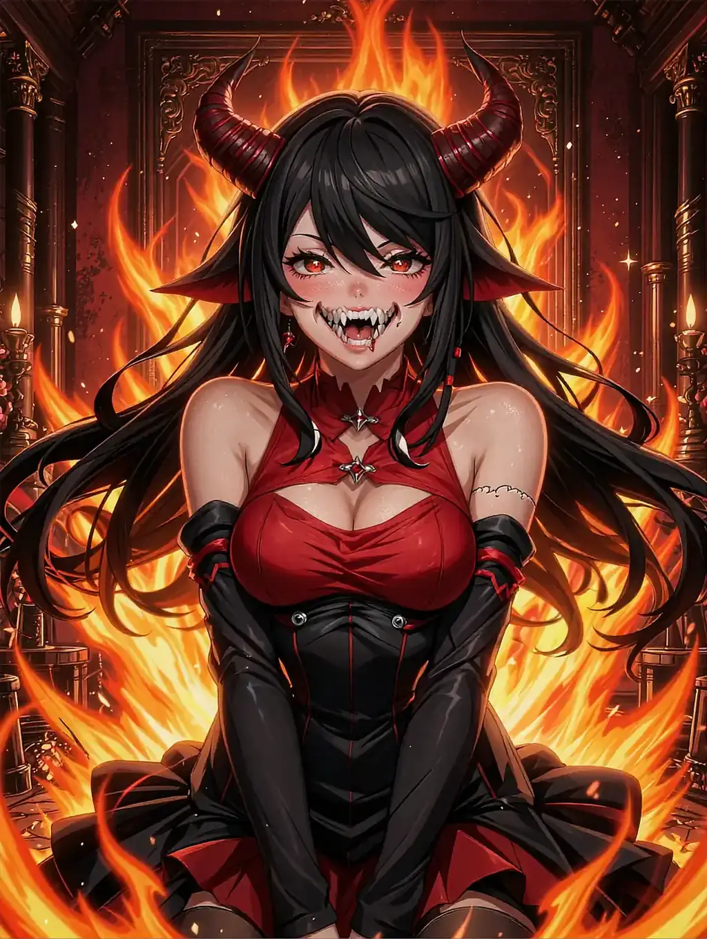 Illustrated anime persona Tamaki, a dark-haired demon character with red horns in front of flames