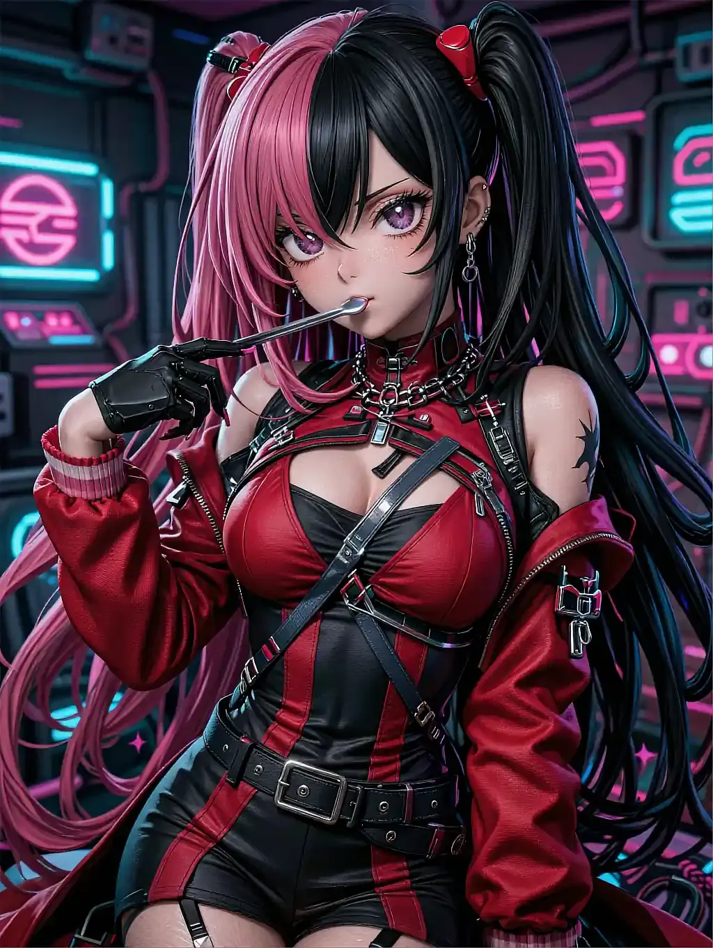Illustrated anime persona Izumi with pink-and-black twin tails in a neon cyberpunk lab