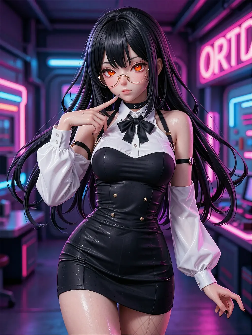 Illustrated anime persona Chiyo with dark hair, glasses and a bow tie beside a neon sign