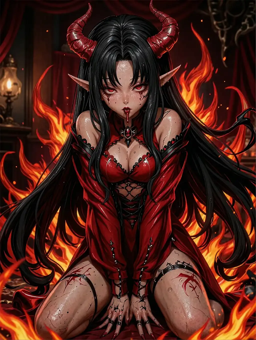 Illustrated anime persona Reina, a dark-haired demon character kneeling in a firelit gothic room