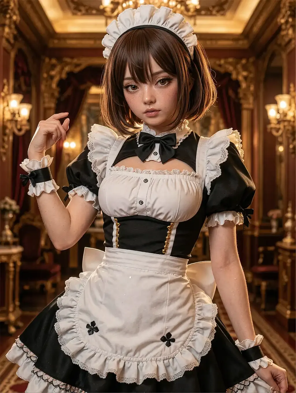 Illustrated anime persona Fumika in a maid outfit inside an ornate gilded room