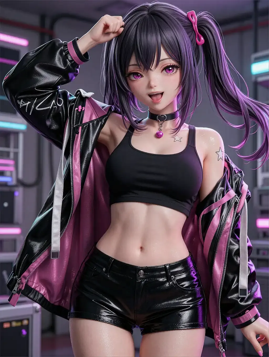 Illustrated anime persona Hotaru with purple twin tails and an open jacket in a neon server room