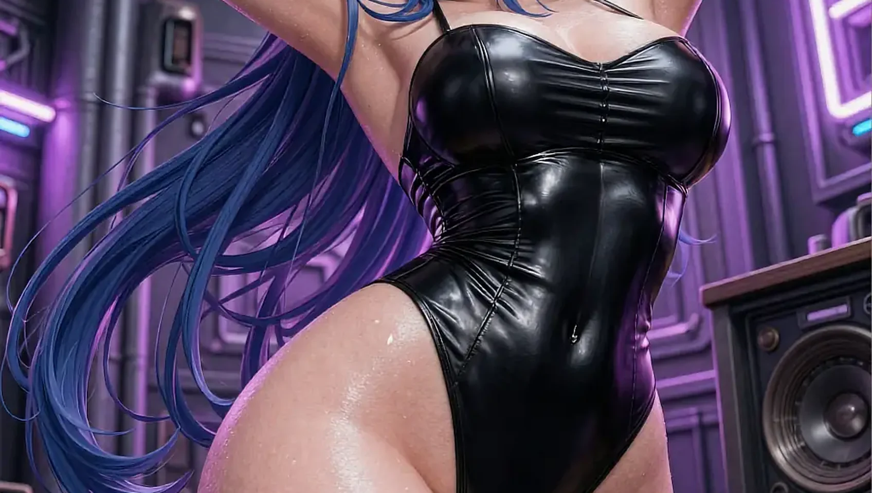 Wide illustrated scene of an anime persona with blue hair in a neon-lit room