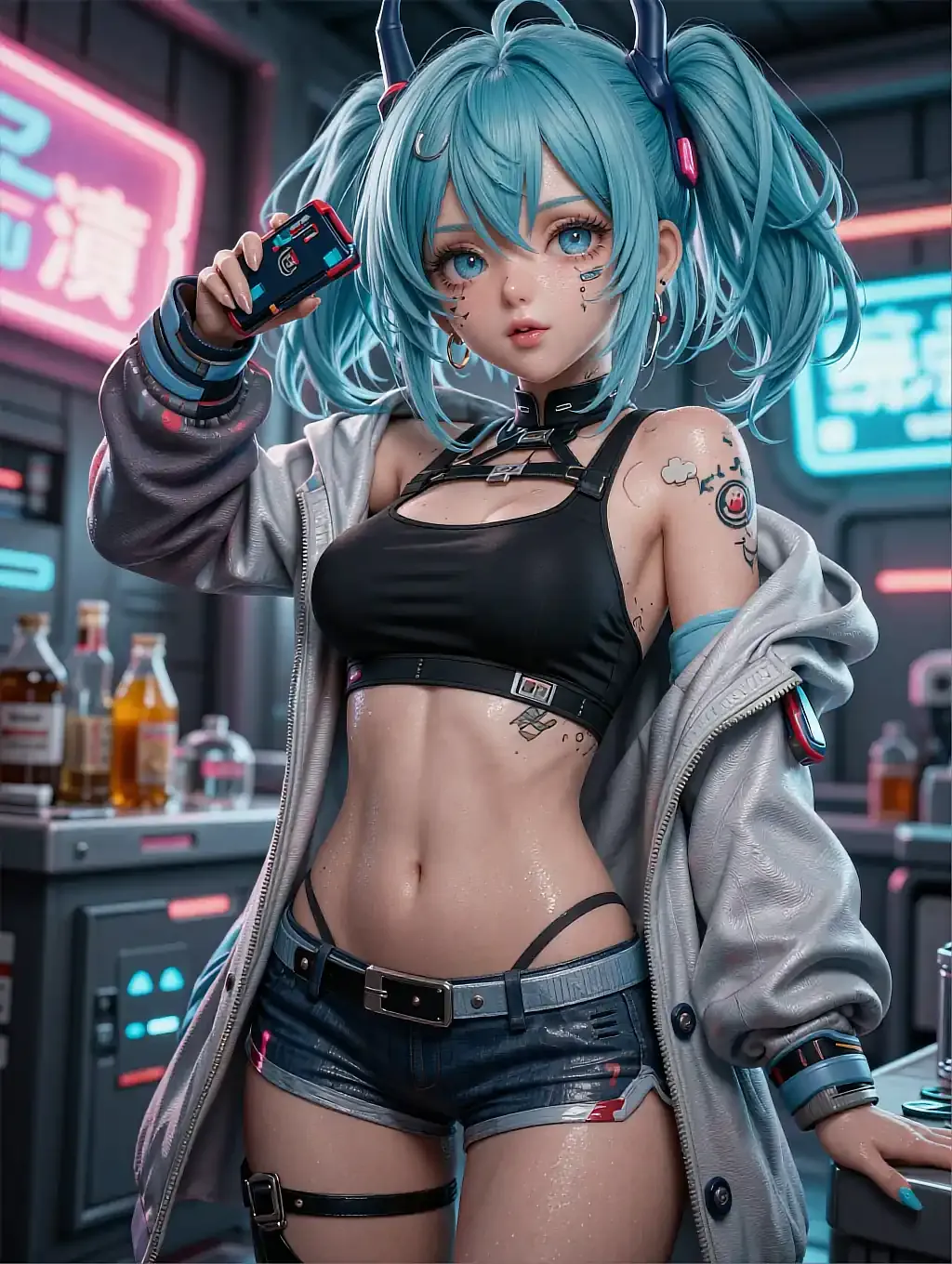 Illustrated anime persona with teal twin tails and horn-shaped hair clips holding a phone