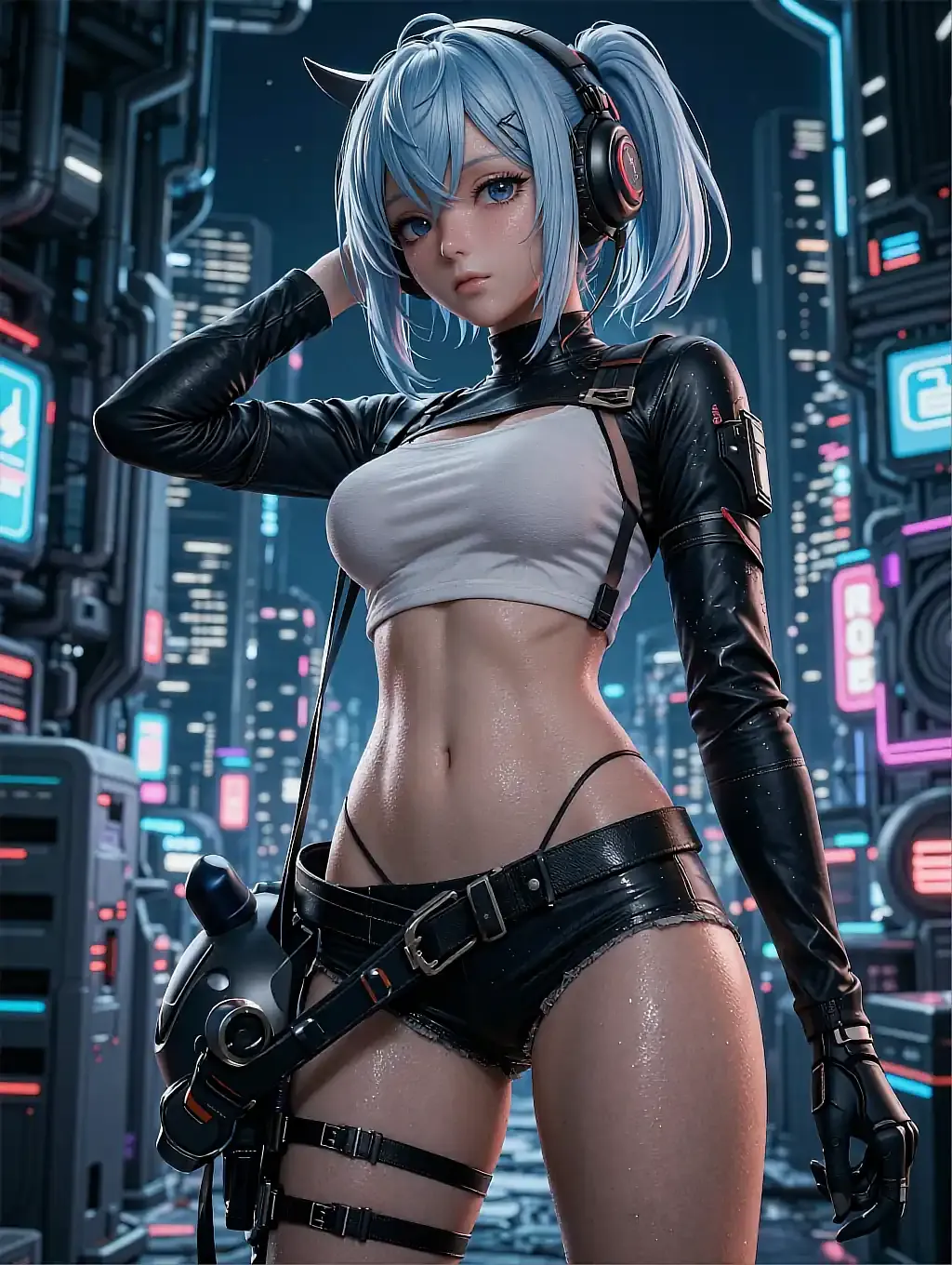 Illustrated anime persona with pale blue twin tails and headphones against a neon city skyline