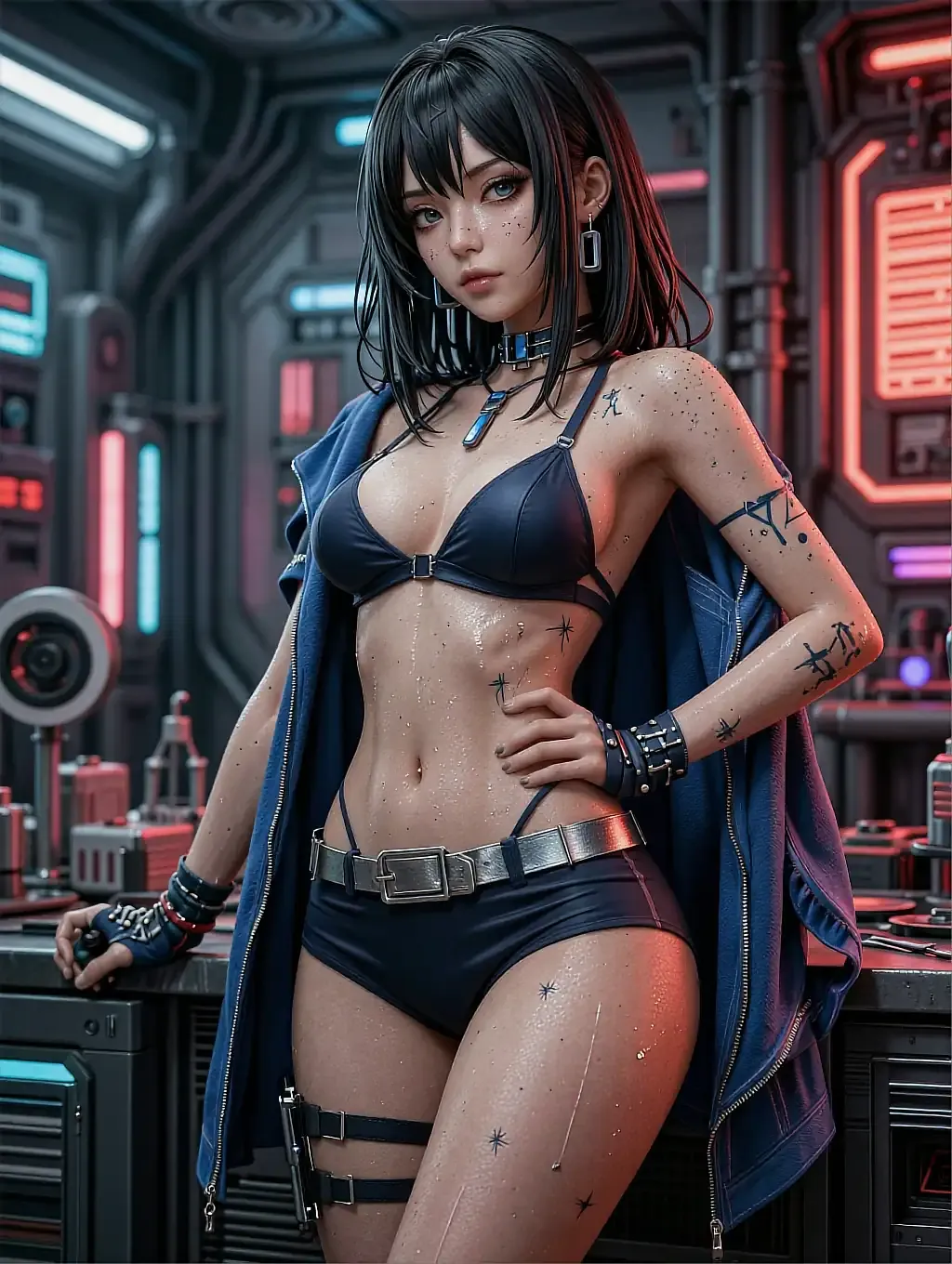 Illustrated anime persona with red hair and mechanical horn ornaments holding a blade in a cyber lab