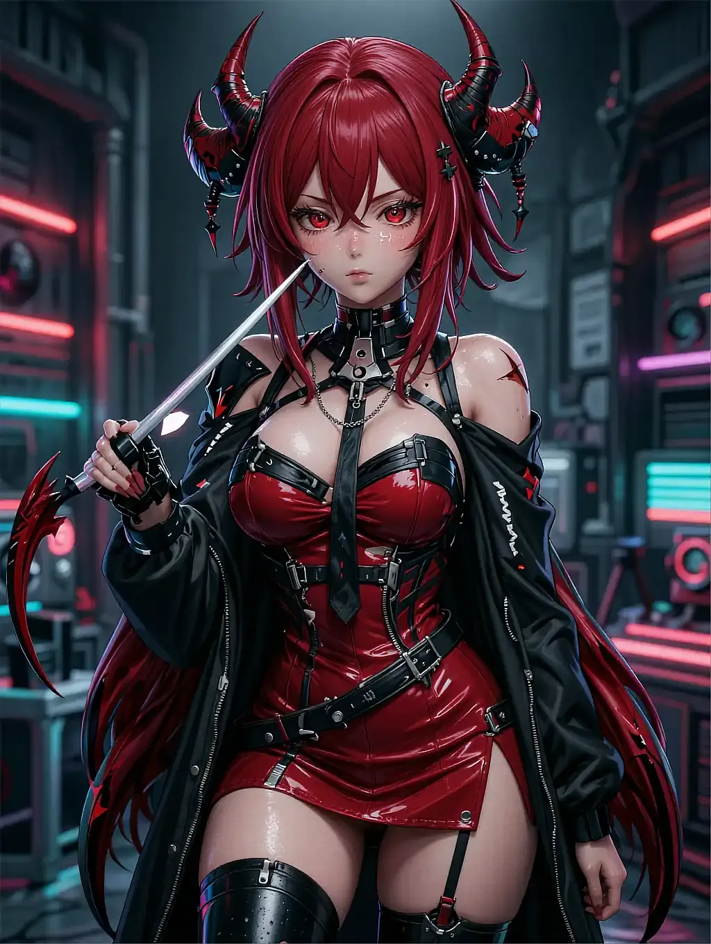 Illustrated anime persona with black cat ears in gothic lace lingerie on a red velvet couch