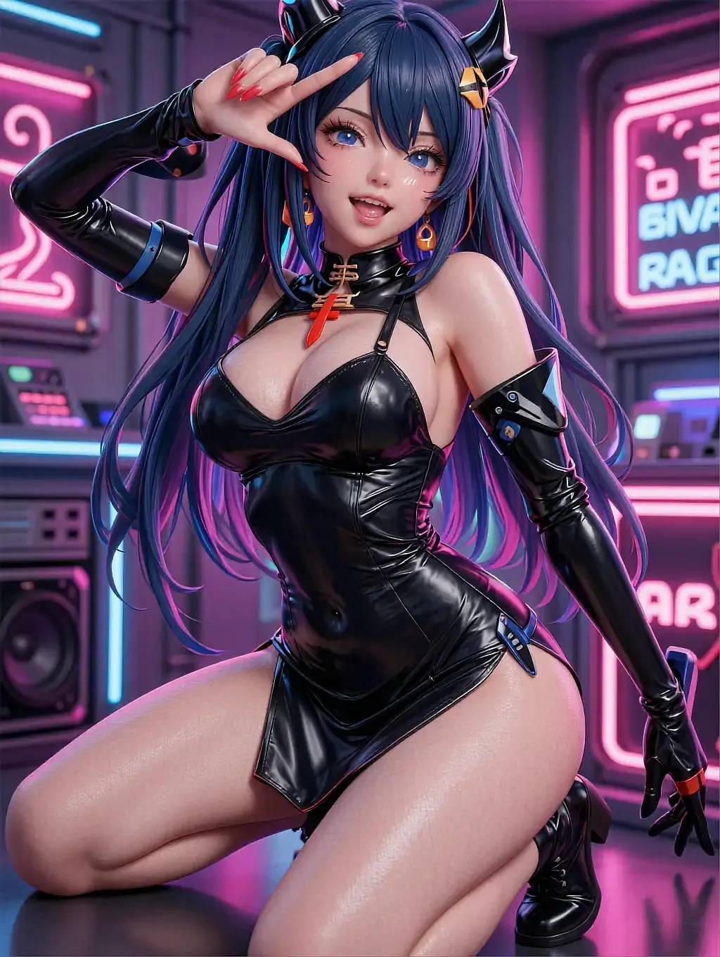 Illustrated anime persona with navy twin tails and horn-shaped hair clips kneeling under neon signage