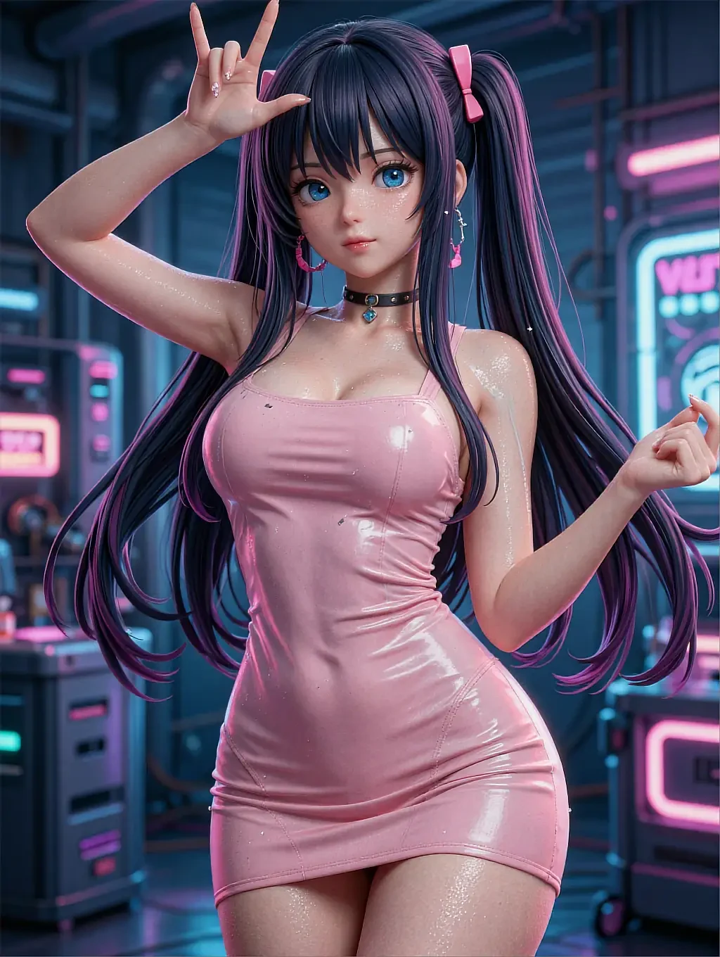 Illustrated anime persona with dark purple pigtails in a pink dress making a peace sign