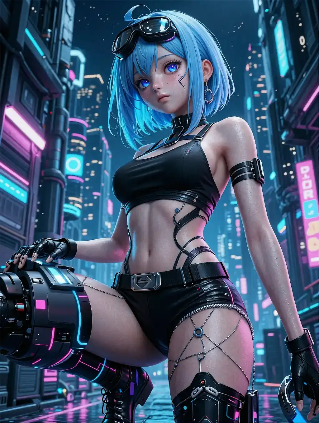 Illustrated anime persona with blue hair and goggles kneeling beside a robotic gauntlet at night