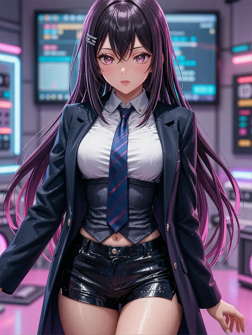 Illustrated anime persona with long purple hair in a blazer and tie standing in a neon control room