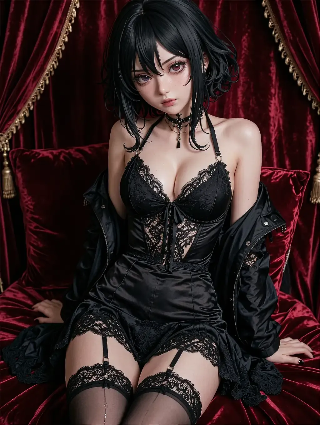 Illustrated anime persona with short dark hair in gothic lace lingerie on a red velvet couch