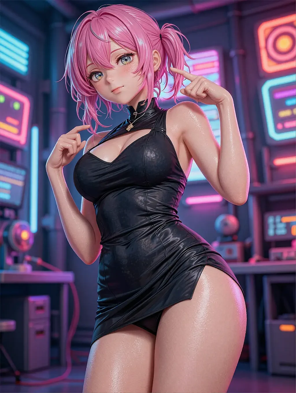 Illustrated anime persona with pink twin tails in a black dress in a neon cyberpunk lab
